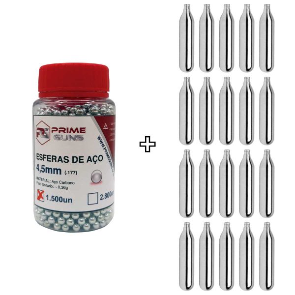 Kit 1.500 Esferas de Aço 4,5mm + 20 Cilindros Co2 12g