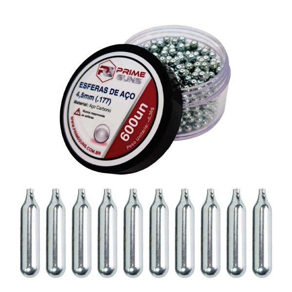 Kit 600 Esferas de Aço 4,5mm + 10 Cilindros de Co2 12g